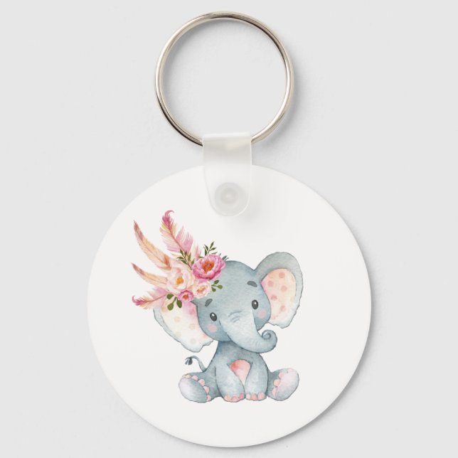 Boho Elephant Pink Floral Schlüsselanhänger Geburt (Vorderseite)
