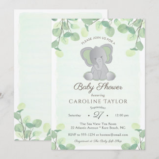 Boho Elephant Watercolor Greenerity Baby Shower Einladung