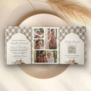Boho Elfenbein Beige Ikat Foto Collage Indische Ho Dreifach Gefaltete Einladung