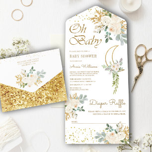 Boho Elfenbein Blumen Gold Halbmond Baby Shower All In One Einladung
