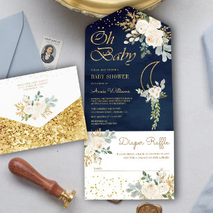 Boho Elfenbein Blumen Gold Mond Navy Blau Babypart All In One Einladung