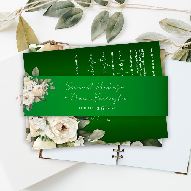 Boho Emerald Green Floral Wedding Einladungsbanderole (Von Creator hochgeladen)