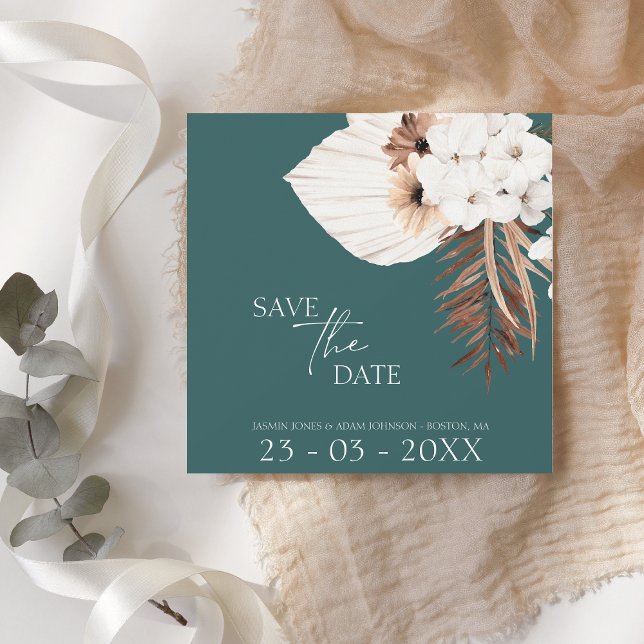Boho Emerald Green Pampas Grass Wedding Save The Date (Von Creator hochgeladen)