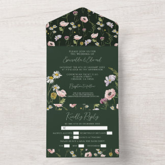 Boho Emerald Green Wild Blume Botanische Hochzeit All In One Einladung
