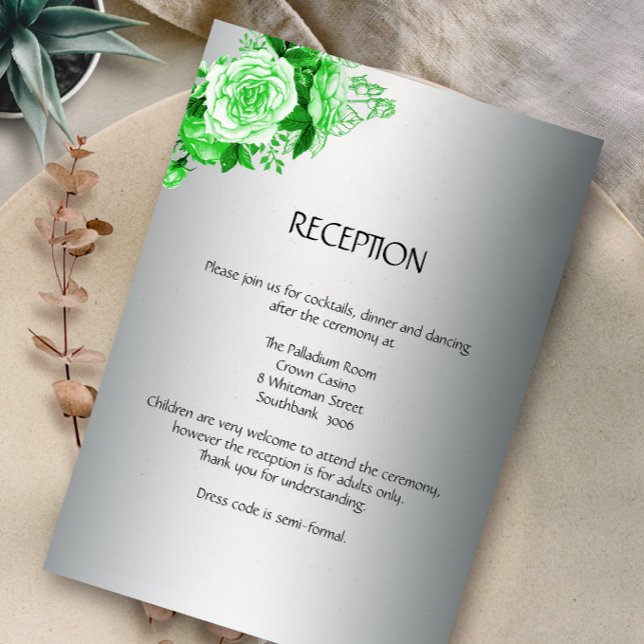 Boho Emerald Rose Silver Wedding Reception Begleitkarte (Von Creator hochgeladen)