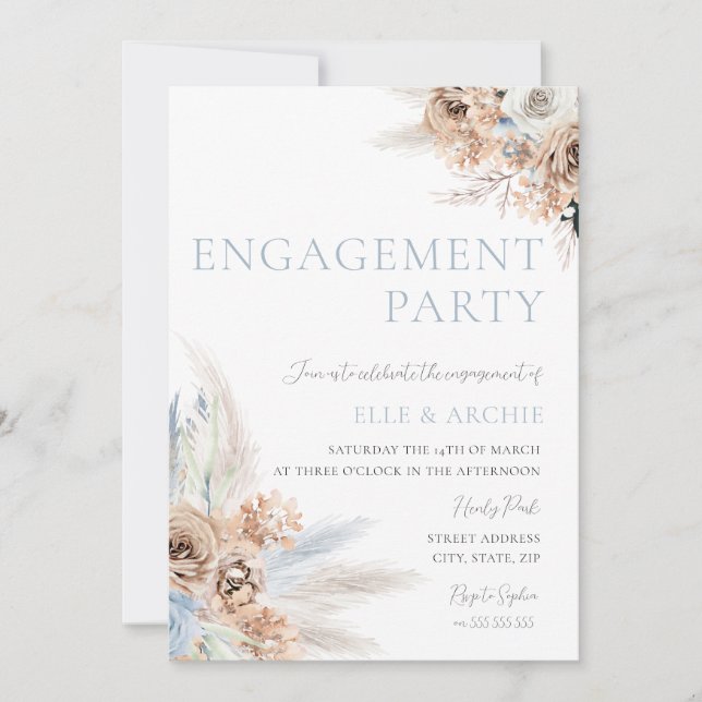 Boho Engagement Party Dusty Blue & Ivory Floral Einladung (Vorderseite)