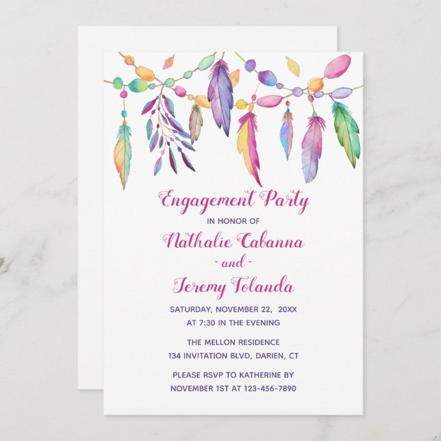 Boho Engagement Party Feathers Native American Einladung (Vorne/Hinten)