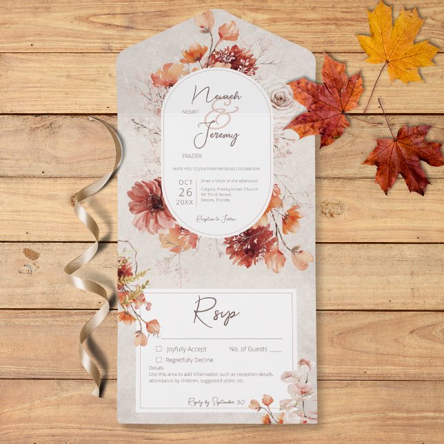 Boho entsetzte Creme Rust Fall Blumendetails All In One Einladung (Boho Distressed Cream Rust Fall Floral Details All In One Invitation)