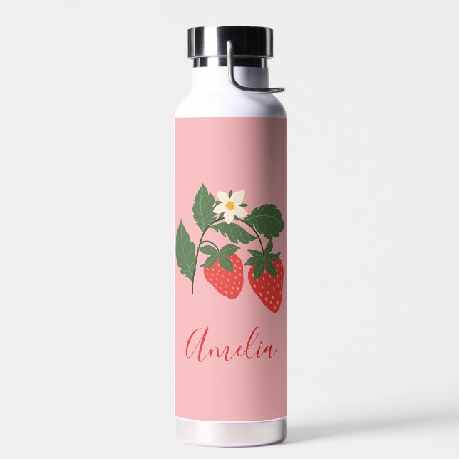 Boho Erdbeere Frucht Rosa Personalisierter Name Trinkflasche (Links)