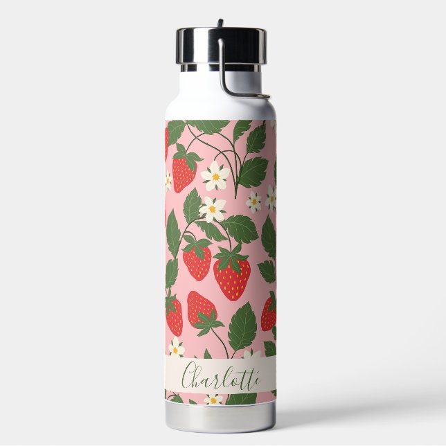 Boho-Erdbeeren Grün Pink Personalisierter Name Trinkflasche (Links)