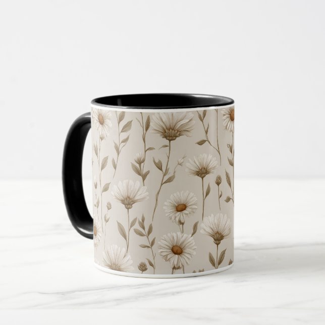 Boho-Erdfarbton-Daisy-Tan-Blumenmuster Tasse (Vorderseite Links)