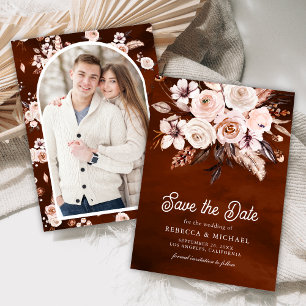 Boho-Erdige Blumige Terrakotta-Hochzeit Foto Save The Date