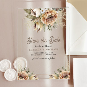 Boho Erdiges Florales Taupe Hochzeits Save the Dat Acryleinladungen