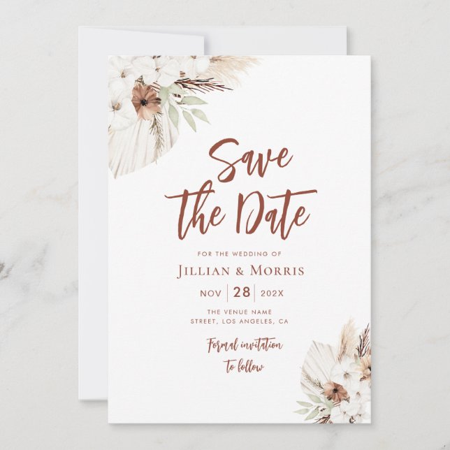 Boho Erdton Terracotta Pampas Save the Date Einladung (Vorderseite)