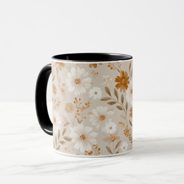 Boho Erdtöne Daisy Tan Blumenmuster Tasse (Vorderseite Links)