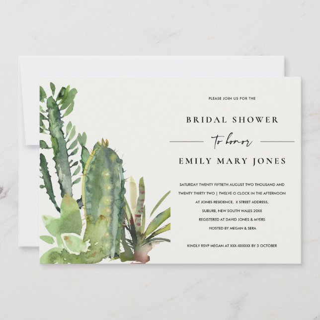 BOHO ERFOLGREICHES DESERT CACTI FAUNA BRAUTPARTY EINLADUNG (Vorderseite)