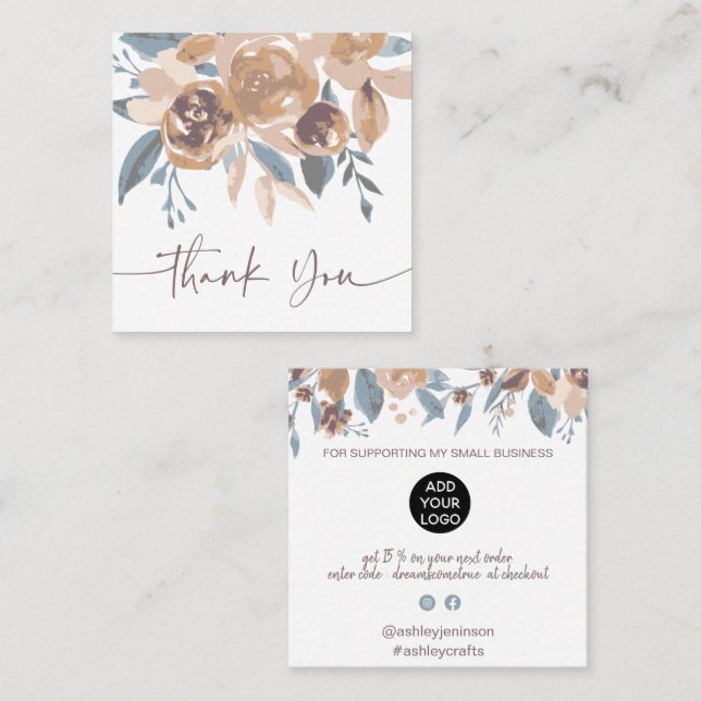 Boho erthy chic floral Aquarell Ordnung danke Quadratische Visitenkarte (Vorne/Hinten)