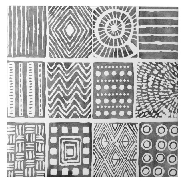 Boho Ethnic Keramik Tile - Schwarz-Weiß-Ornament Fliese (Vorderseite)