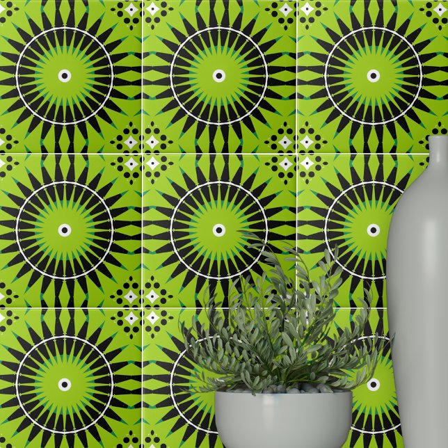 Boho Ethnic Lime Green Black Geometric Pattern Fliese (Von Creator hochgeladen)
