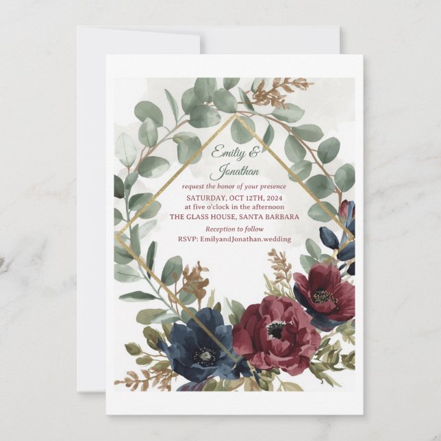 Boho Eucalyptus and Dark Red Flowers Wedding Invit Einladung (Vorderseite)