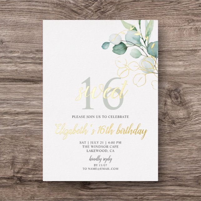 Boho Eucalyptus Blätter Sweet 16 Foil Einladung (Von Creator hochgeladen)