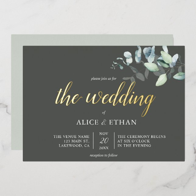 Boho Eucalyptus Blätter Wedding Foil Einladung (Vorderseite/Rückseite)