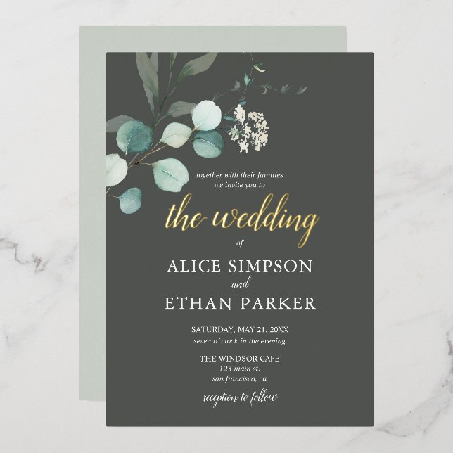 Boho Eucalyptus Blätter Wedding Foil Einladung (Vorderseite/Rückseite)