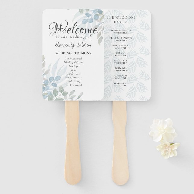 Boho Eucalyptus Dusty Blue Wedding Program Fächer (Vorne und Hinten)