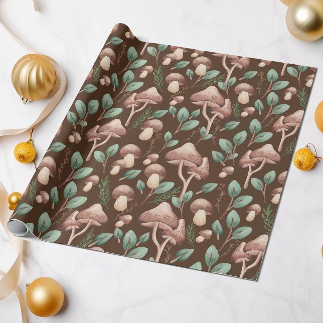 Boho Eucalyptus Forest Mushrooms Dark Brown Geschenkpapier (Von Creator hochgeladen)
