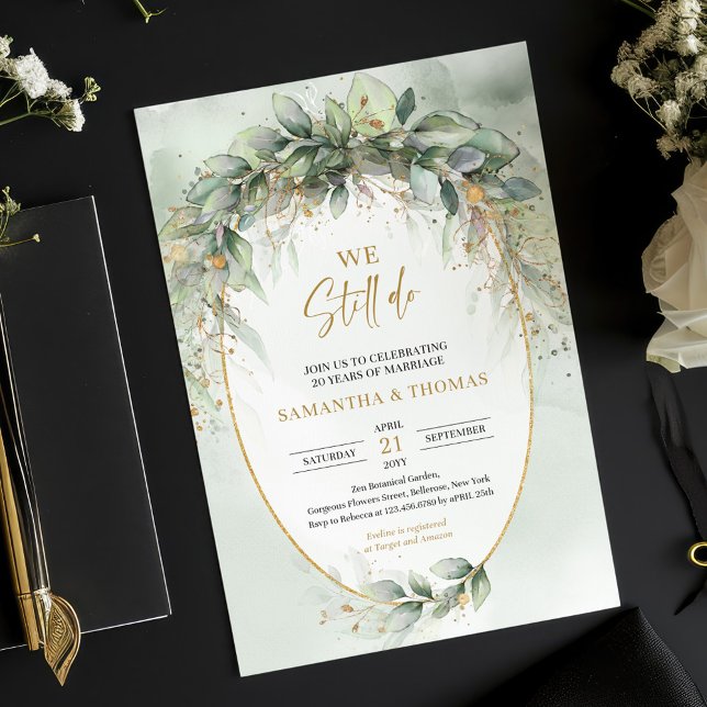 Boho eucalyptus green gold Wir laden immer noch ei Einladung (Boho watercolor eucalyptus gold frame we still do invitation downloadable)