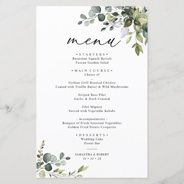 Boho Eucalyptus Greenery Simple Wedding Menu (Rückseite)