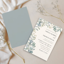 Boho Eucalyptus Watercolor Blue & Beige Wedding Einladung
