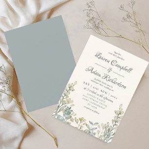 Boho-Eukalyptus-Aquarell Blau & Beige Hochzeit Einladung