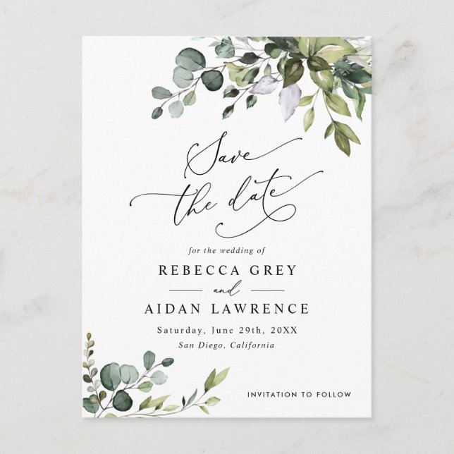 Boho Eukalyptus Greenery Wedding Save the Date Postkarte (Vorderseite)