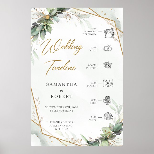 Boho Eukalyptus grün Gold Hochzeit Timeline Poster (Vorne)