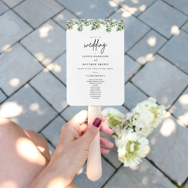 Boho-Eukalyptus-Grün-Hochzeitszeremonie-Programm Fächer (Boho eucalyptus greenery program fan keeps guests cool with a fresh natural wedding touch)