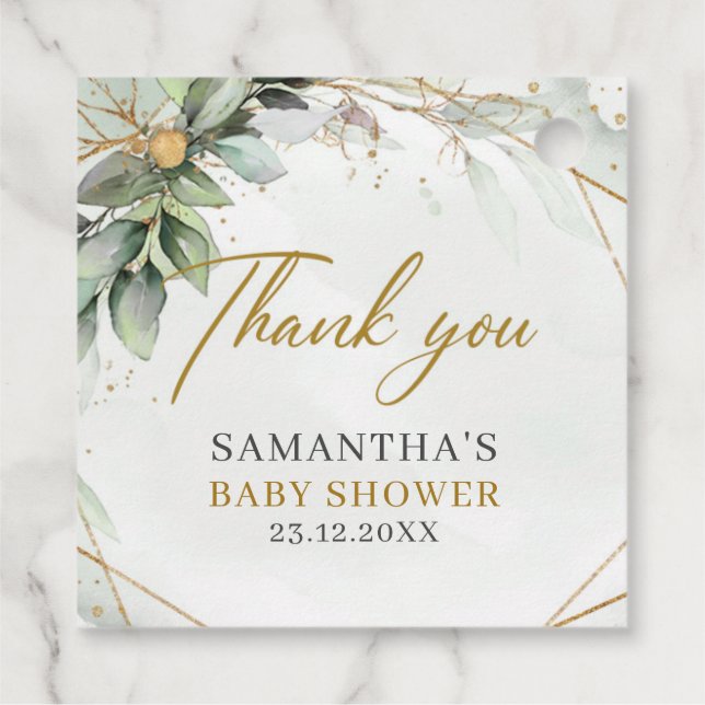 Boho Eukalyptus-Grünflächen Zweige Goldbabydusche Geschenkanhänger (Rückseite)