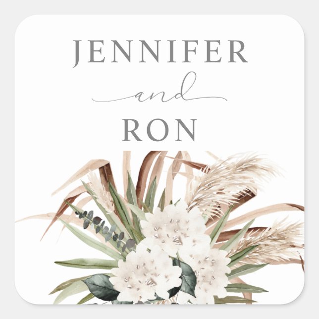 Boho Eukalyptus Pampas Grass & Beige Floral Quadratischer Aufkleber (Vorderseite)