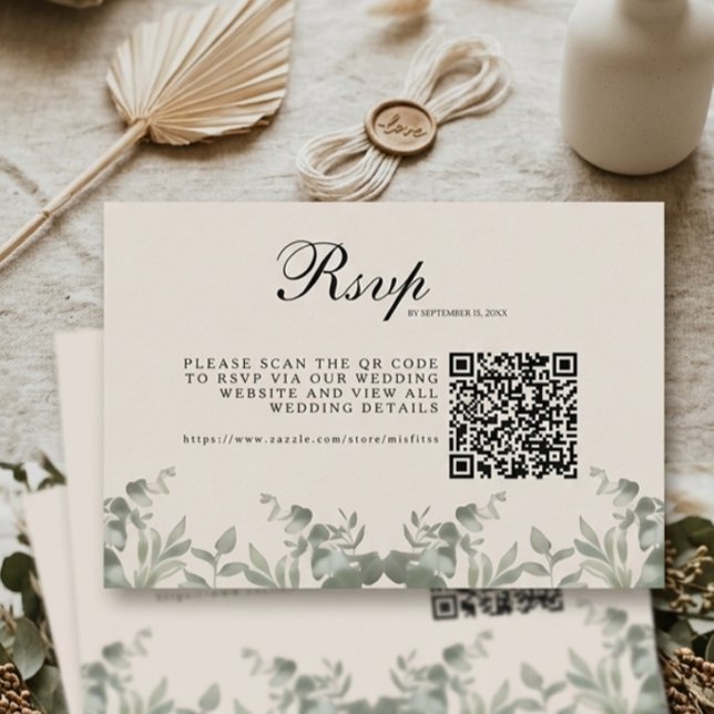 Boho Eukalyptusblätter mit QR-Code Hochzeit RSVP Karte (Von Creator hochgeladen)