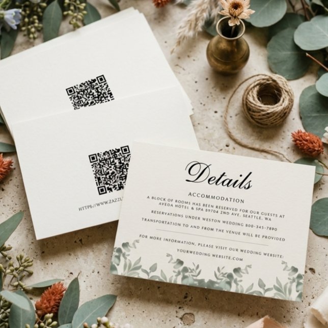 Boho-Eukalyptusblätter mit QR-Code Hochzeitsdetail Mitteilungskarte (Von Creator hochgeladen)