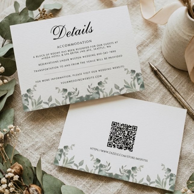 Boho-Eukalyptusblätter mit QR-Code Hochzeitsdetail Mitteilungskarte (Von Creator hochgeladen)