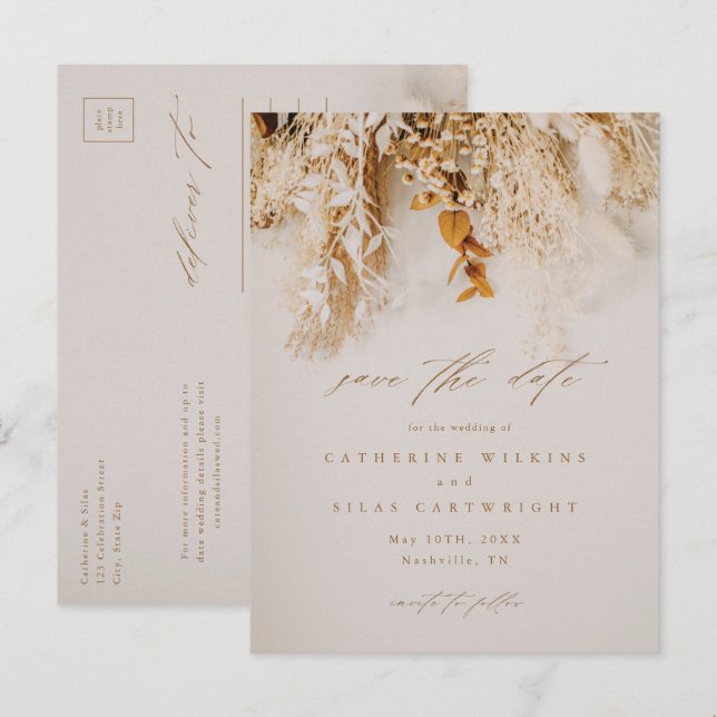 Boho Fall-Blume Hochzeiten speichern das Datum Ankündigungspostkarte (Vorne/Hinten)