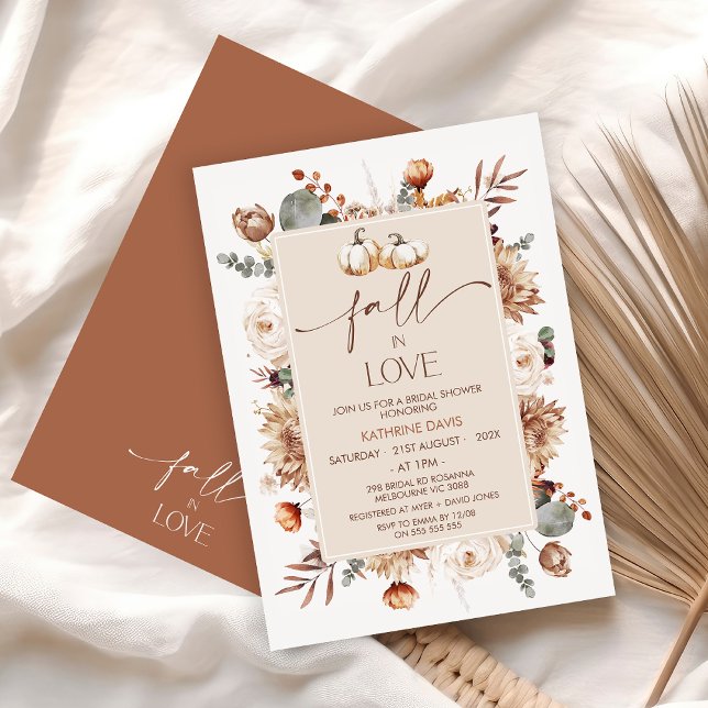Boho Fall Blumenfall in Liebe Brautparty Einladung (Boho Floral Fall In Love Bridal Shower Invitation, Autumn Bridal Shower Floral Foliage Terracotta)