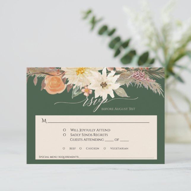 BOHO Fall Blumenwald Grüne Pampas Grass Hochzeit RSVP Karte (Stehend Vorderseite)