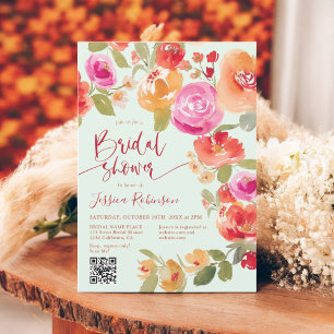 Boho Fall Blumenwasserfarbe QR Minze Brautparty Einladung