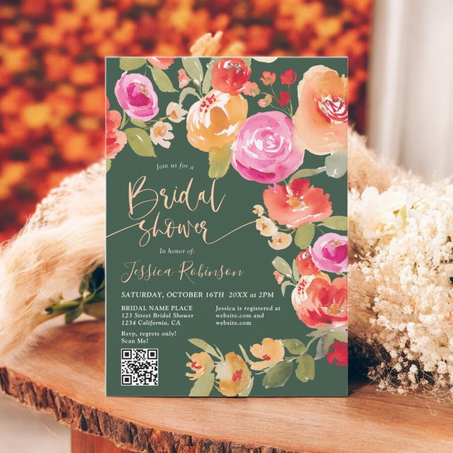 Boho Fall Blütenfarbe QR grünes Brautparty Einladung (Boho Fall floral watercolor QR green bridal shower Invitation)