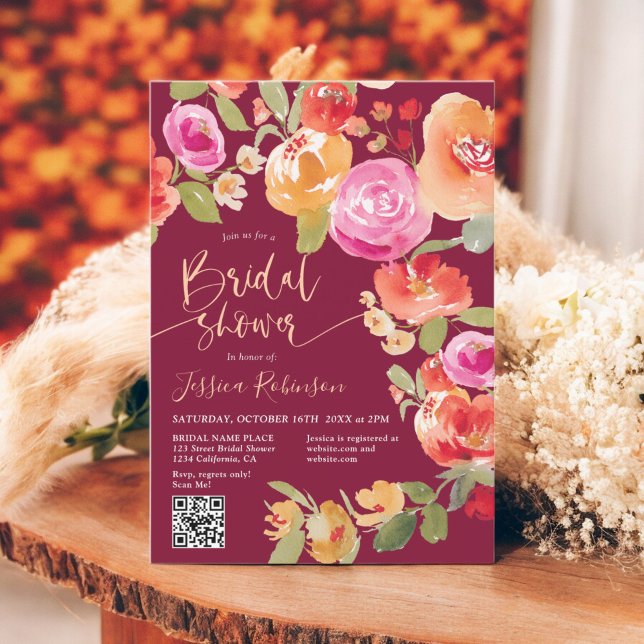 Boho Fall Blütenfarbe QR Rotes Brautparty Einladung (Boho Fall floral watercolor QR red bridal shower Invitation)