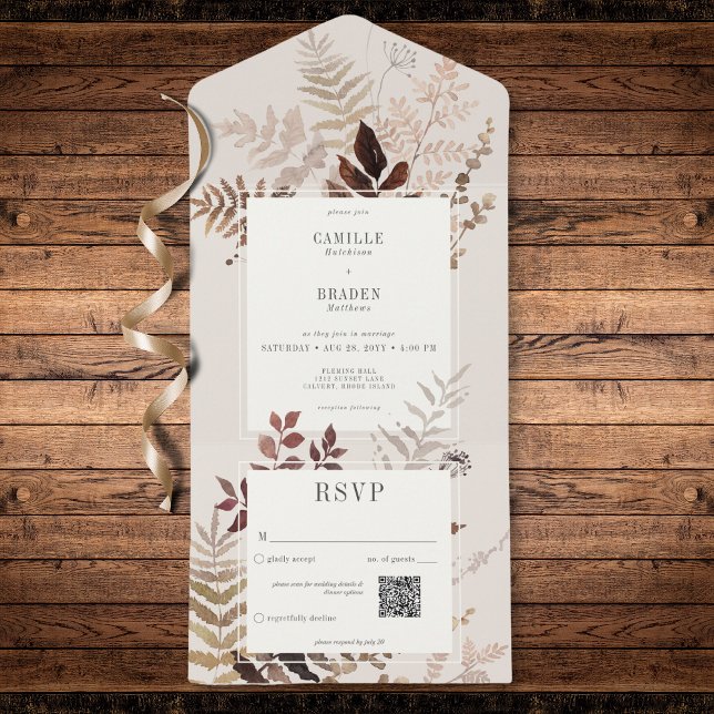 Boho Fall Brown Botanical Wedding QR Code All In One Einladung (Modern Autumn Brown Ferns & Leaves QR Code All In One Invitation)