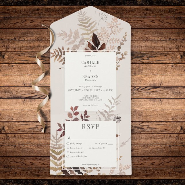 Boho Fall Brown Botanisches Hochzeitsessen All In One Einladung (Modern Autumn Brown Ferns & Leaves Dinner All In One Invitation)