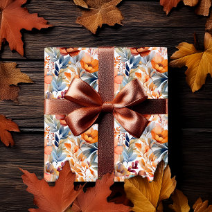 Boho Fall Floral Blooms Terracotta Apricot Blau Geschenkpapier